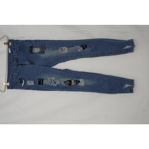 Women's Blue Distressed Denim Casual Pants with Patches Size M